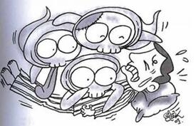 ภาพวาดการ์ตูน รูปกลุ่มผีไทยกำลังอำคนที่กำลังนอนอยู่