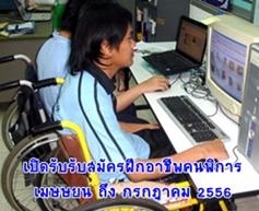 คนพิการรทางการเคลื่อนไหวนั่งรถเข็นกำลังใช้งานคอมพิวเตอร์