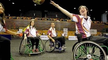 University of Western Sydney students play wheelchair basketball while volunteering with the Royal Rehabilitation Centre, Sydney. Photo: Max Mason Hubers