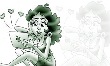 ภาพวาดการ์ตูน หญิงสาวกำลังเล่นไอแพต