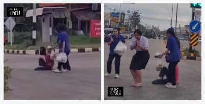ซึ้งน้ำใจ บนถนน อ.มัญจาคีรี นักเรียนพาลุงพิการข้ามถนน ยกมือไหว้ขอบคุณรถทุกคัน