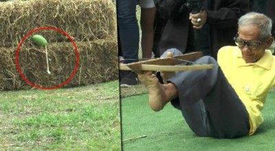 ตาล้วนวัย 80 พิการไร้แขนสองข้าง โชว์ใช้เท้ายิงหน้าไม้ เข้าเป้าสุดแม่น