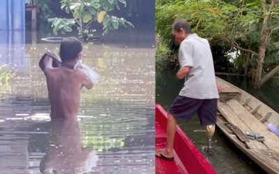 "ลุงเชน" พิการแขน-ขาเผยเหตุไม่กล้าลงเรือ เดินลุยน้ำท่วมเข้า-ออกบ้านทุกวัน