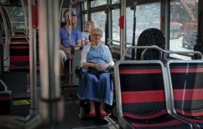 Mary Jane Owen, who uses a motorized wheelchair, rides a D.C. Circulator bus to get home. She used to ride Metro but stopped as issues with the services mounted. Now, she sticks to buses and sidewalks. (Jahi Chikwendiu/The Washington Post)