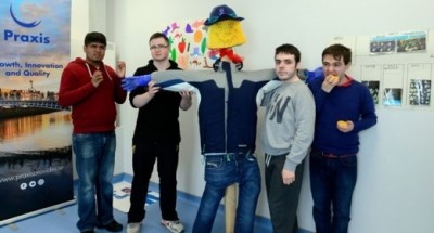 From left: Service users Siddhart Kureel, Aaron Leonard, Kevin O Sullivan and Kevin Nolan with the scarecrow they made for the allotments. Photograph: Cyril Byrn